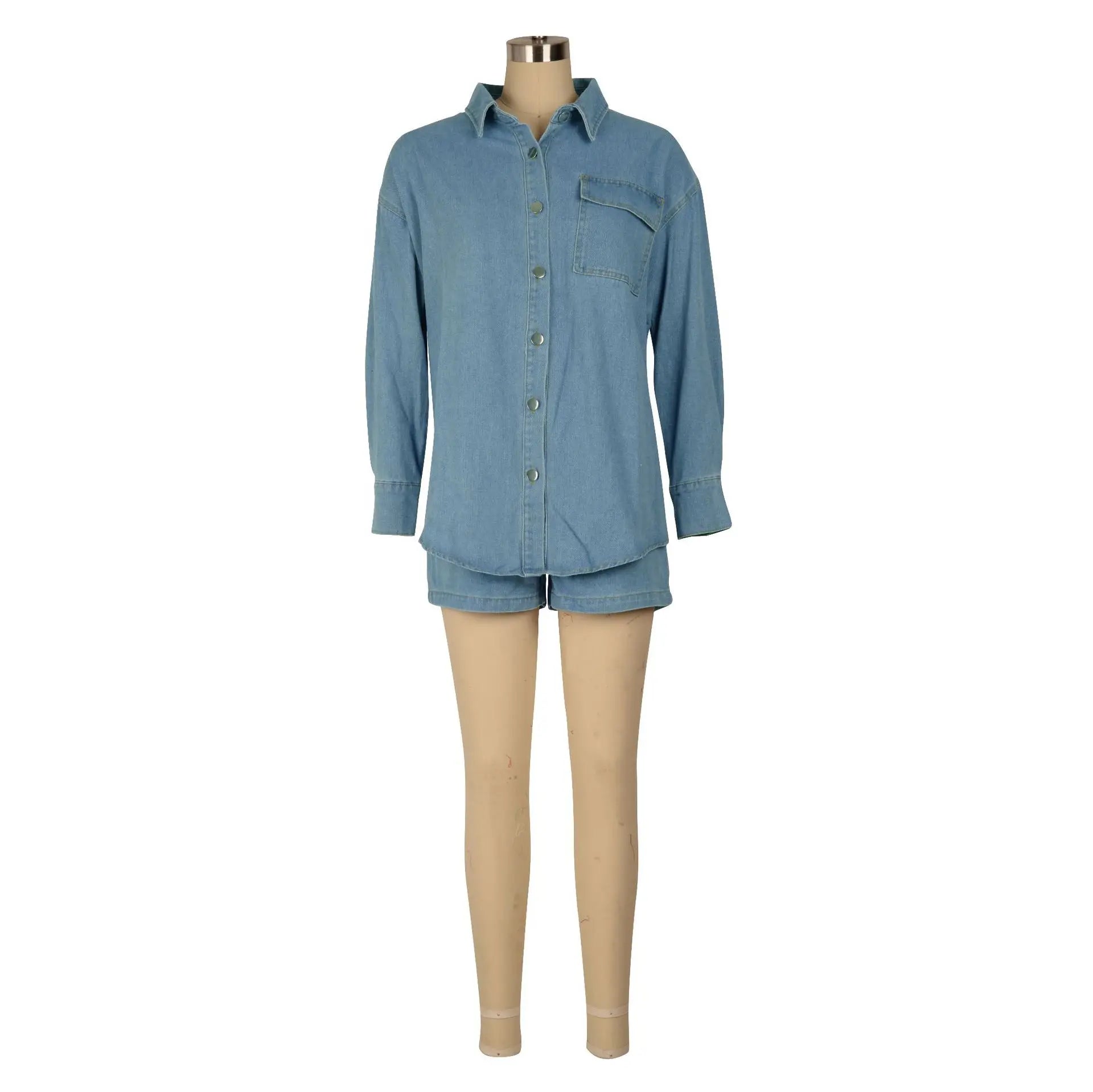 Fashion Women Denim Two 2 Piece Set Long Sleeve Jacket