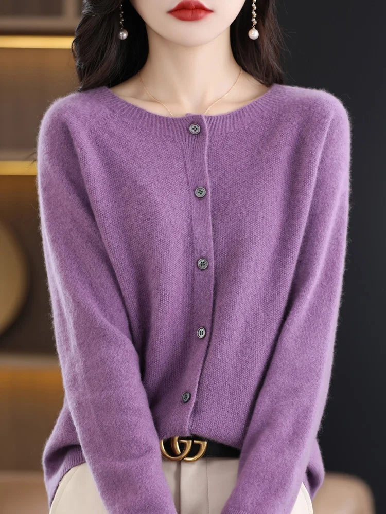 Chic Women's O-Neck Merino Wool Cardigan