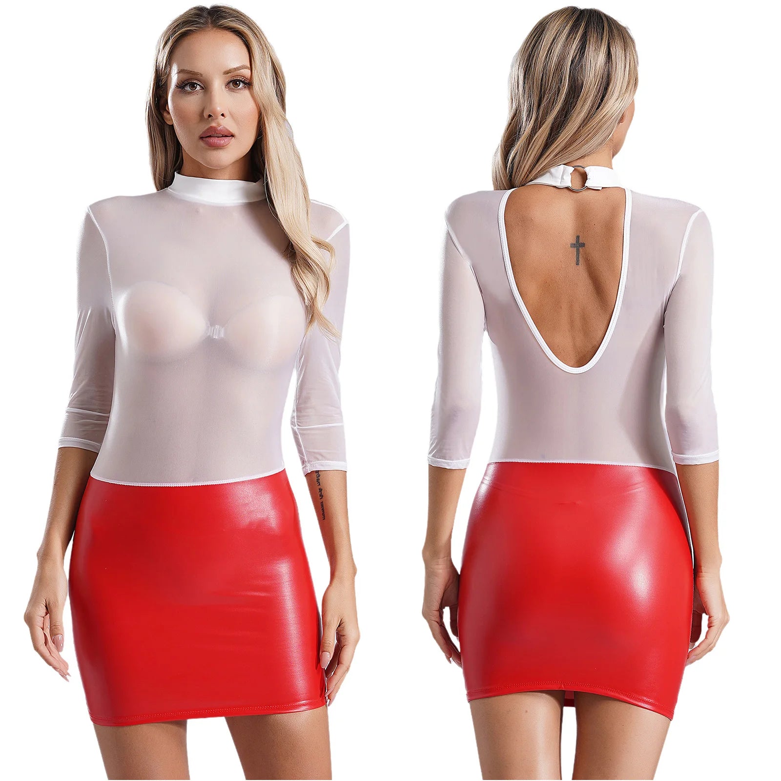 Womens Sexy Bodycon Dress 3/4 Sleeve See-through Bodice Glossy PU Leather Skirt Reversible Dress for Nightclub Party Clubwear