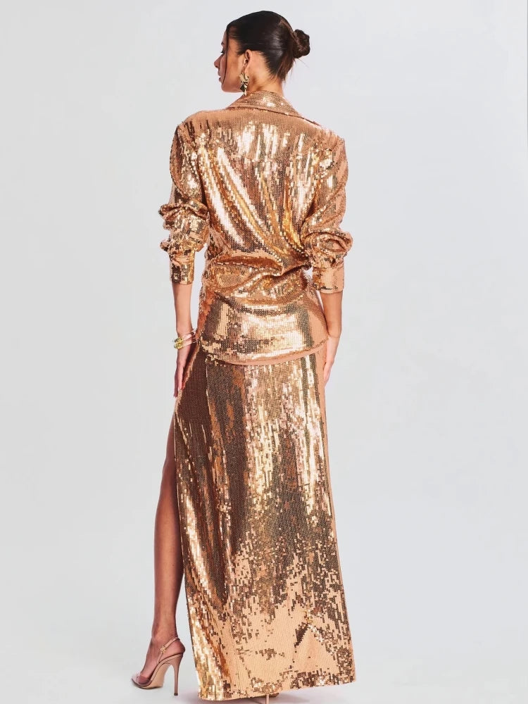 Autumn Women Sequins Two Piece Set Sexy Gold Long Sleeve