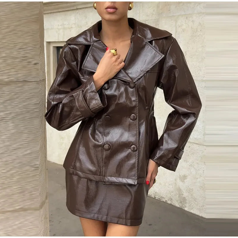 Fashion PU Leather Skirt Sets Women Lapel Long Sleeve