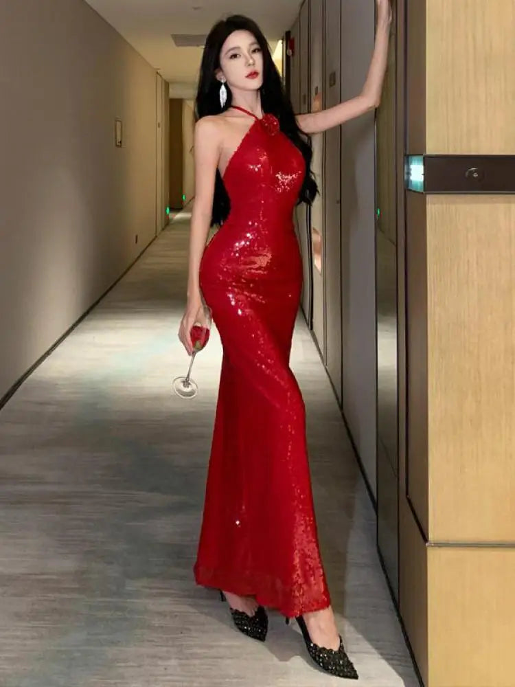Summer Red Sequined Women's Halter Neck Dresses Fashion Backless Bandage Dress Sexy Party Female Birthday Evening Long Dress New