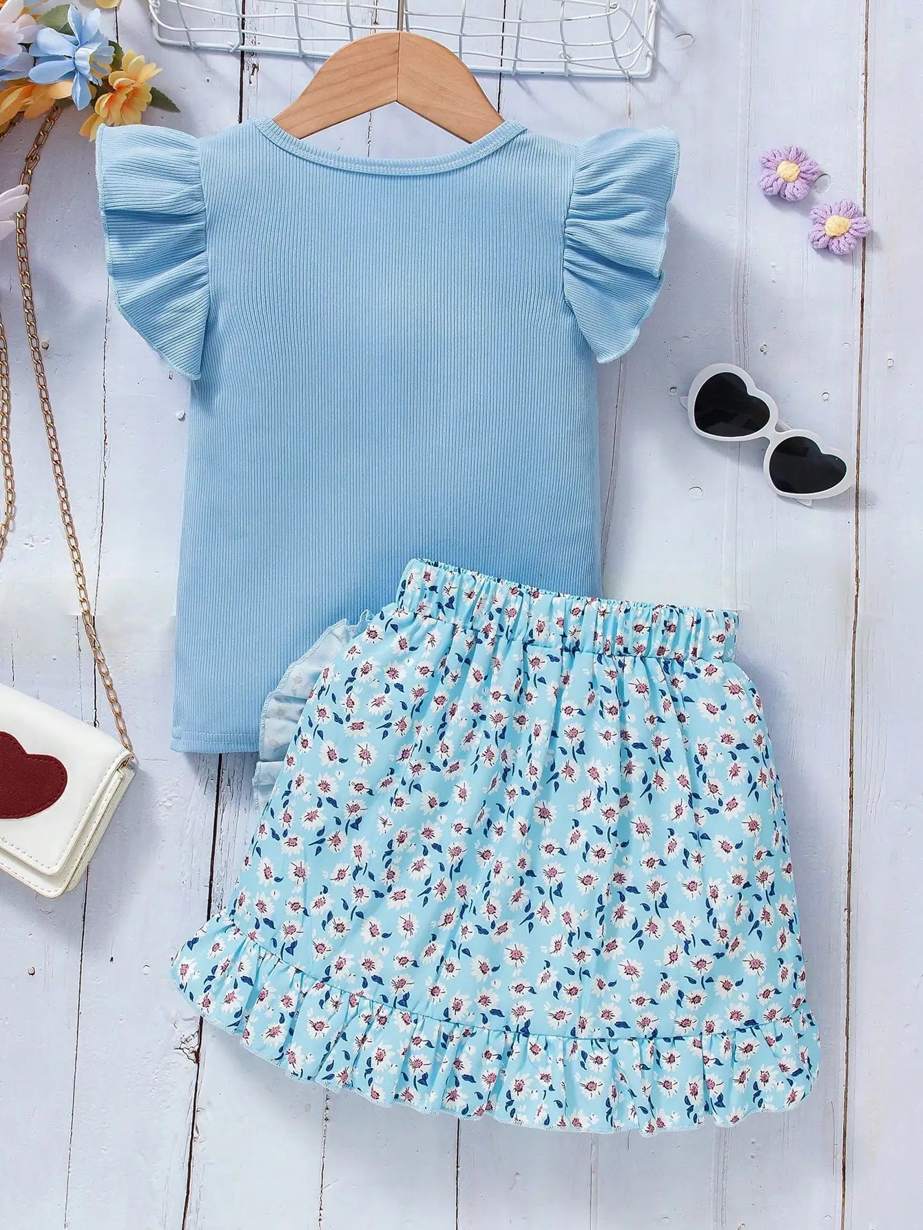 Girl's Blue 3D Floral Tee & Ruffled Skirt Set