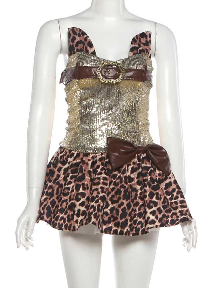 Nibber Fashion Sequin Patchwork Leopard 3 Piece Set Women Belt