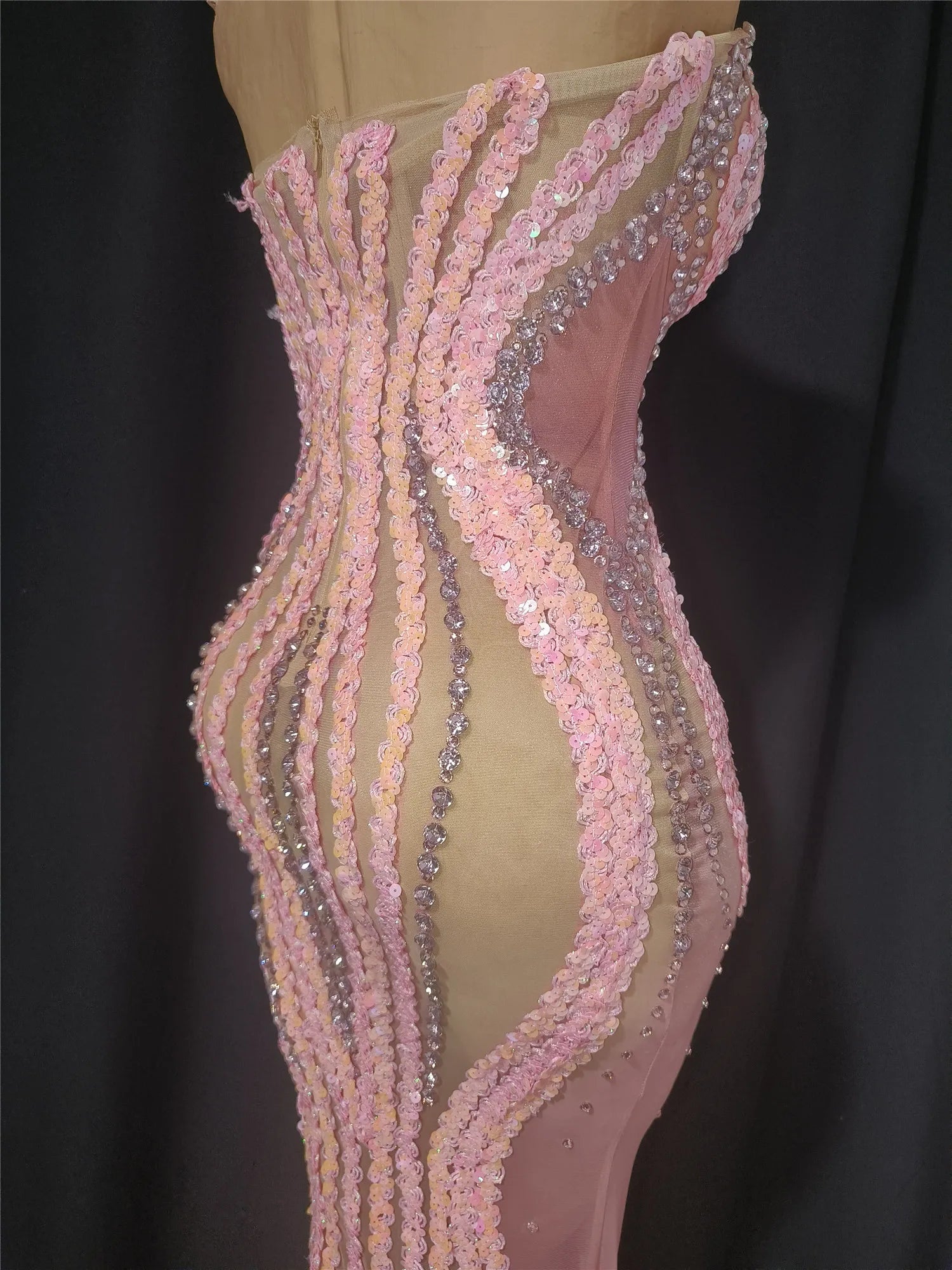 Women Luxury Pink Glitter Rhinestones Sequines Transparent Maxi Long Fairy Dress