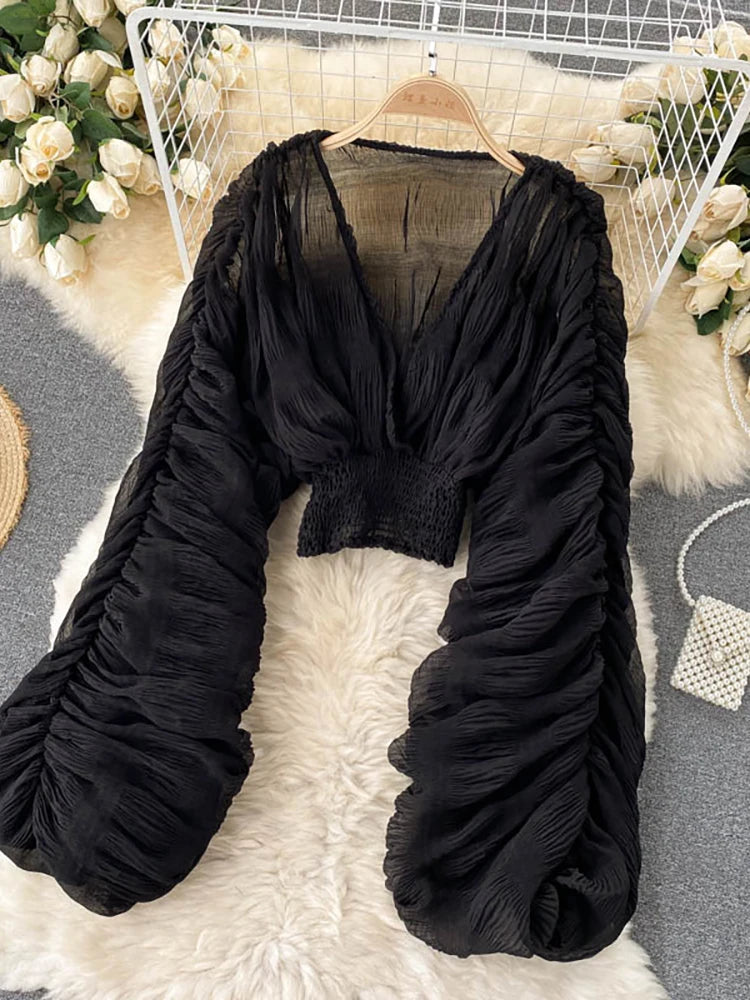 Summer Sexy Draped Chiffon Blouse For Women Elegant V-Neck