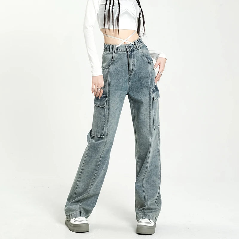 2024 Spring New Vintage Jeans Women's Elastic Waist Fashion Straight Drawstring Baggy Y2k Cargo Pants Streetwear