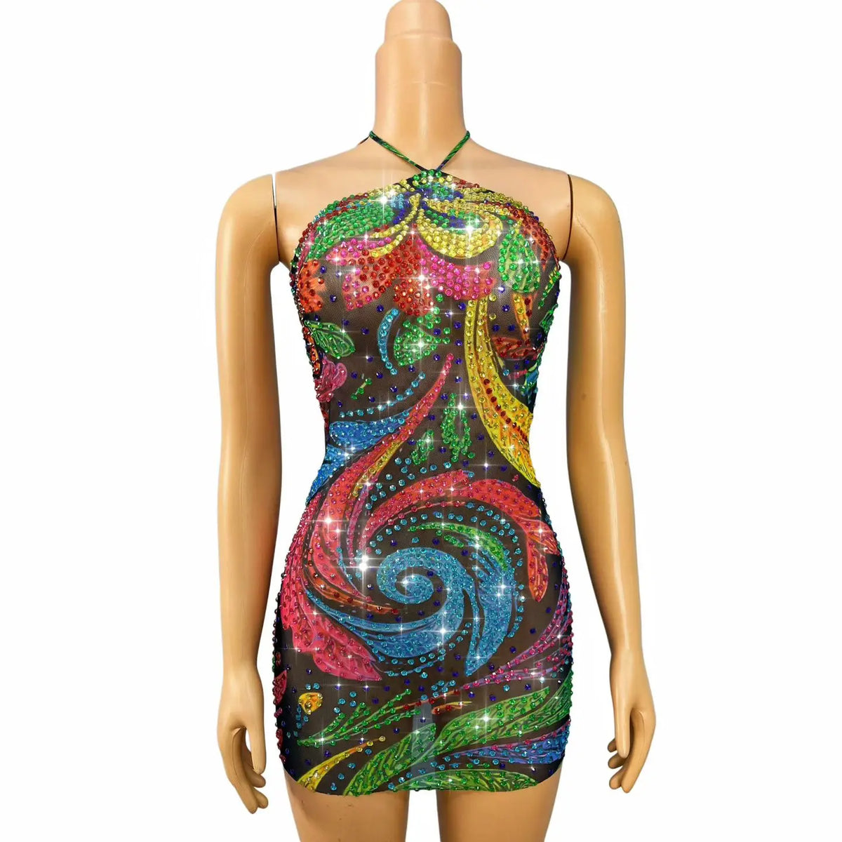 Xingyunhua Women Sparkly Multicolor Swirl Floral Rhinestone MeshDress