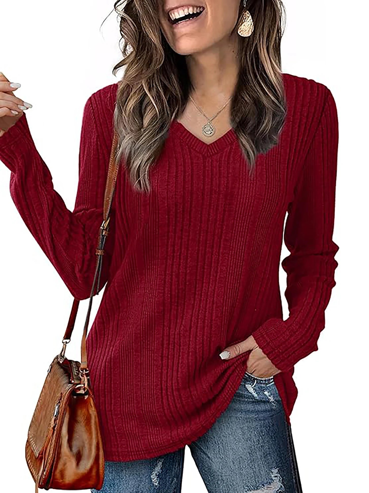 Women's V-Neck Knitted Sweater for Autumn/Winter
