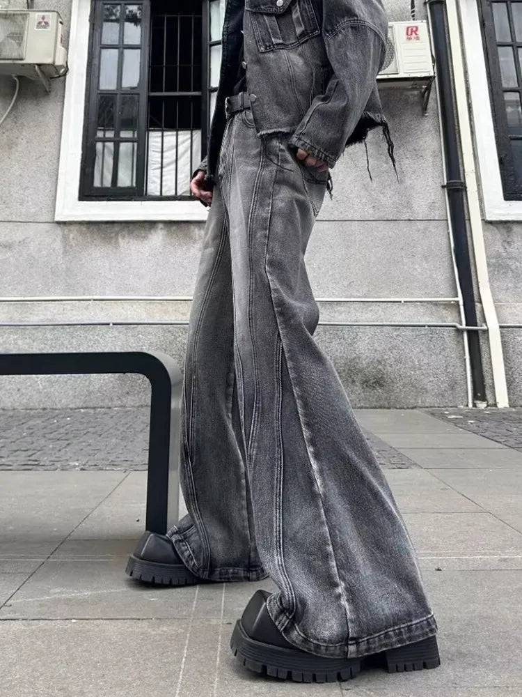 2025 Trashy Y2K Streetwear Washed Grey Baggy Stacked Flare Jeans Pants Men 90S Vintage Clothes Hip Hop Luxury Male Long Trousers