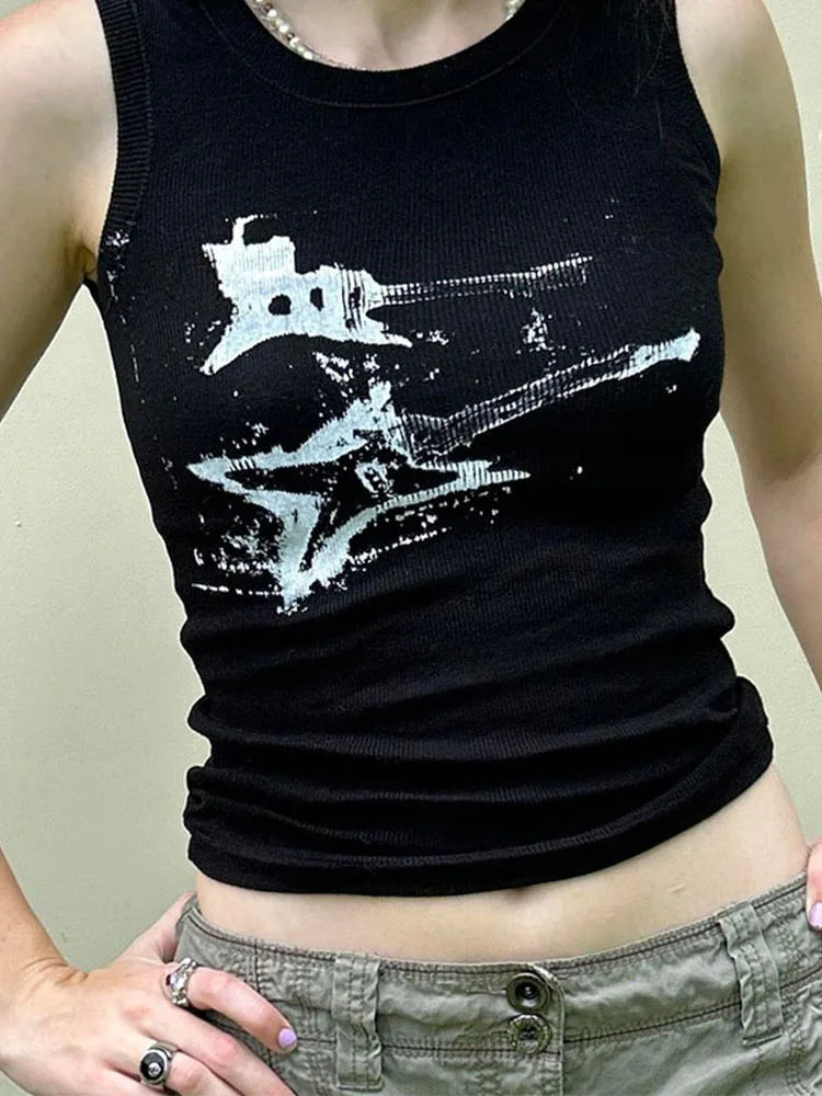 Guitar Print Sleeveless Crop Top