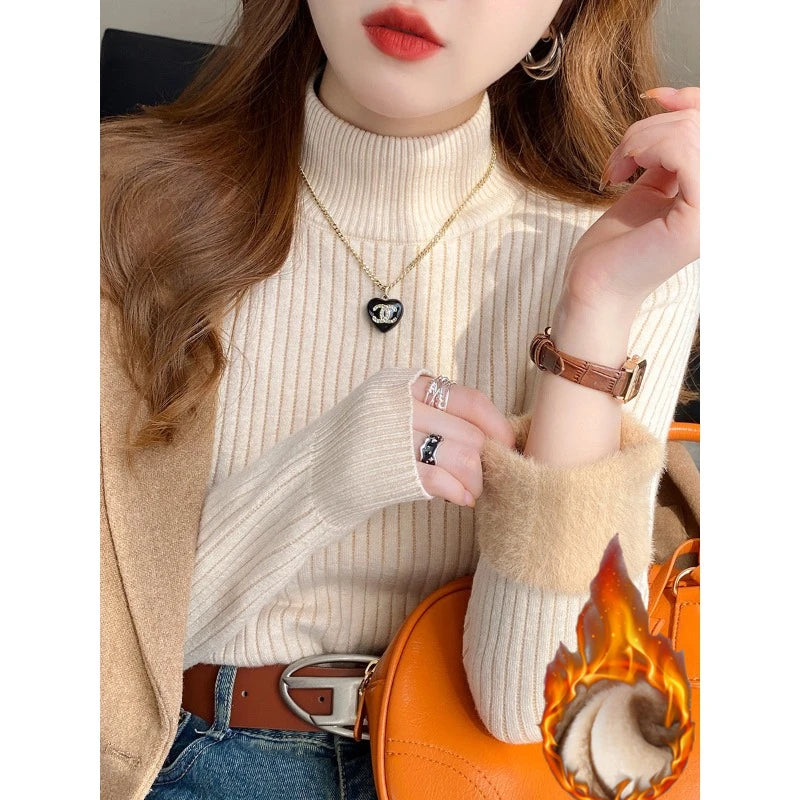 Women's Retro Red Turtleneck Sweater with Velvet Lining