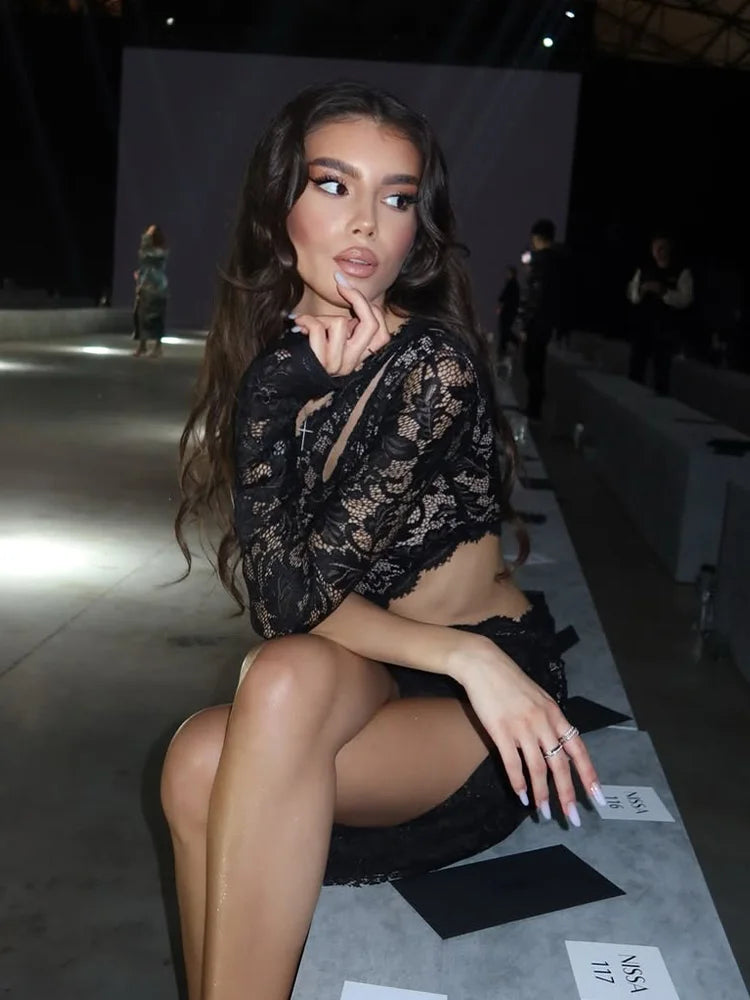 Ahagaga Sexy Sheer Women's Mini Dresses Lace Solid Sheath Long Sleeves One Shoulder Ribbon Sheath Slim Fit Streetwear Vestidos