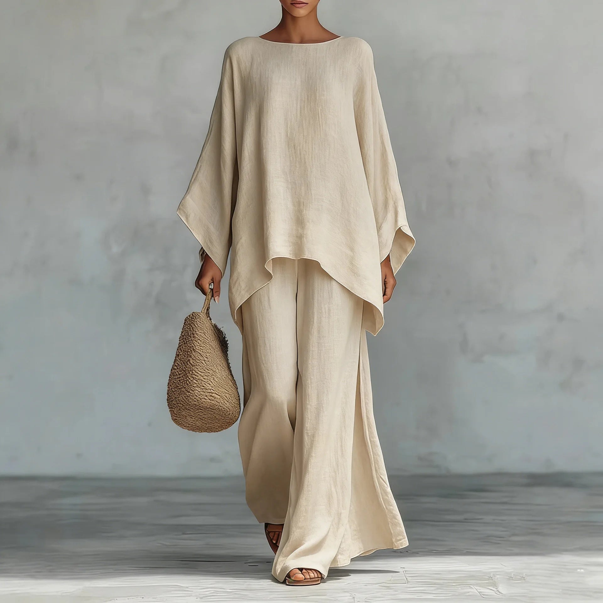 Spring New Fashion Linen Loose Long-sleeved Wide-leg Trousers