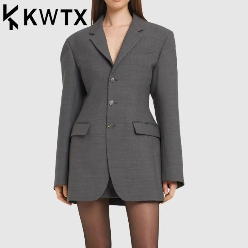 KWTX 2025 Grey Slim Fit Blazer Women's Stylish 3-Button Tapered Waist Spring Summer Light Jacket Office Chic Coat