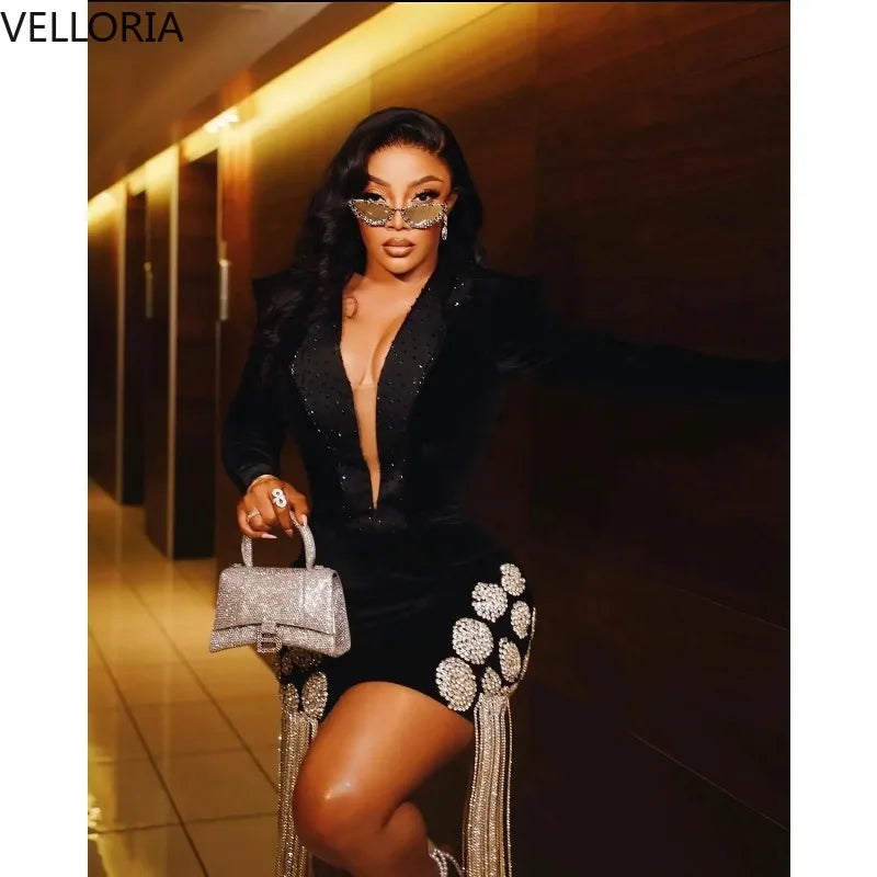 Black Velvet Blazer Dress for Black Women Sexy Deep V-Neck Gold Rhinestone