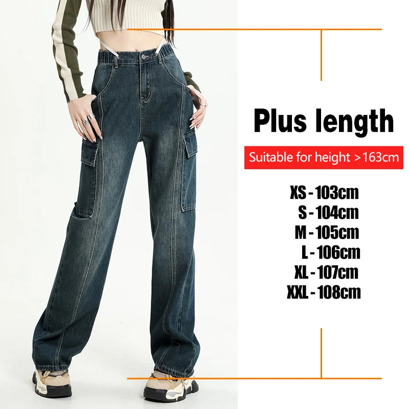 2024 Spring New Vintage Jeans Women's Elastic Waist Fashion Straight Drawstring Baggy Y2k Cargo Pants Streetwear