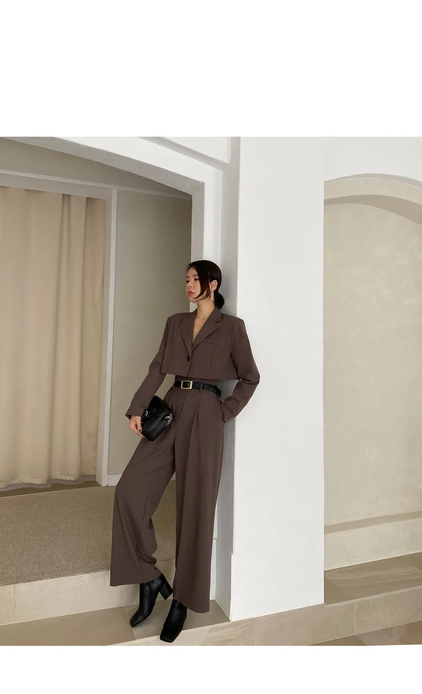 Chic Retro Lapel ort One Button Suit Jaet High Waist Wide Leg Pants