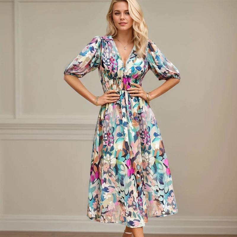 Sexy V Neck Dress For Women Luxury Deep V Neck Quarter Sleeve Elastic Waist Floral Dresses Casual Resort Tea Break A-Line Dress