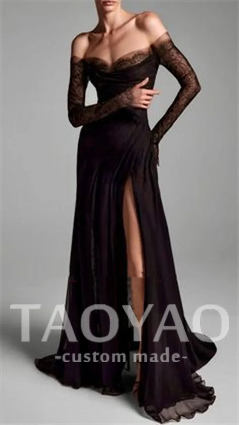 Sexy Black Prom Dresses Off Shoulder Lace Long Sleeves Wedding Party Gowns Illusion A-Line Sweetheart Side Slit Customized