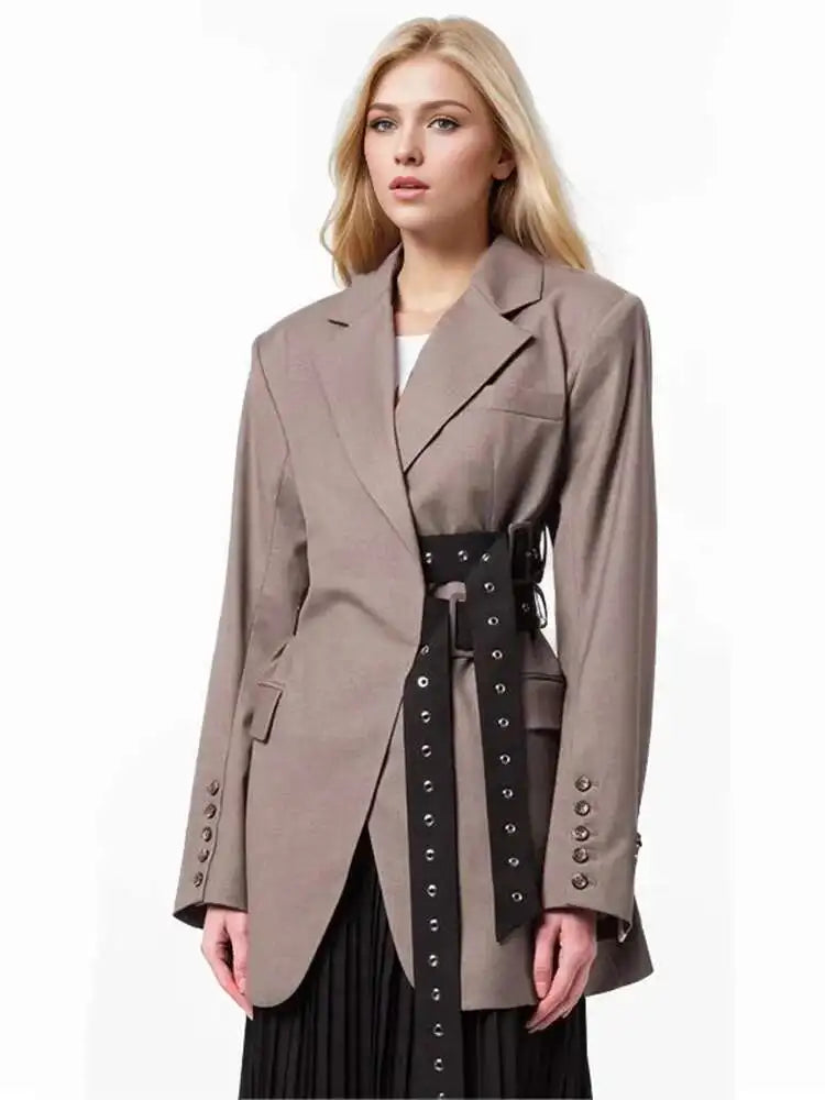 Solid Temperament Jacket Spliced Belt Blazer Women Notched Collar Long Sleeve Outerwear Patchwork Button Elegant Blazers Female