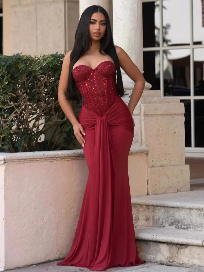 Sexy Burgundy Mermaid Evening Dresses Sweetheart Sequin Sleeveless Prom Gown