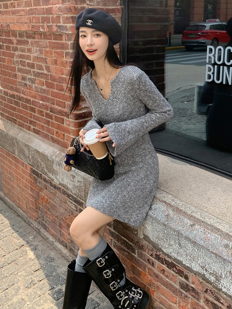 Knitting Sexy Dress for Women Slim Casual Flare Sleeve Gentle Hotsweet Warm Fashion Inner Clothing Autumn Winter Vestidos Soft