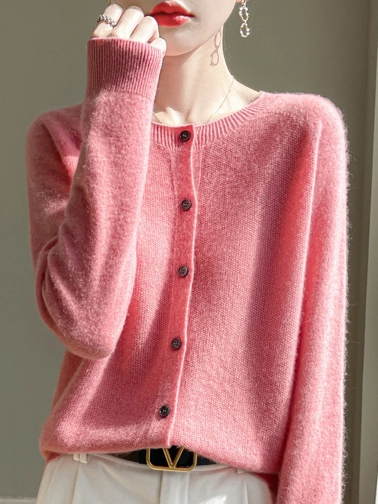 ADDONEE Women's Merino Wool O-Neck Cardigan