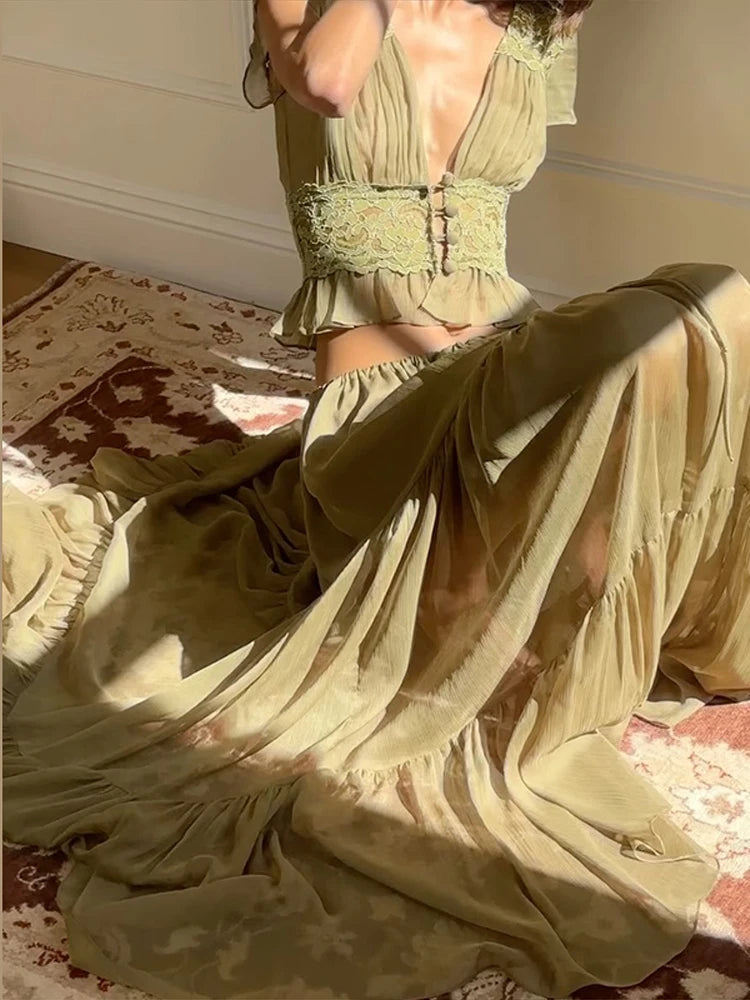 Women's 2 Piece Set Bohemian Olive Green Deep V Lace Trim Cropped