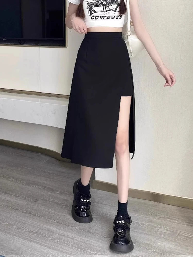 High-Waist Irregular Slit Black Skirt for Women