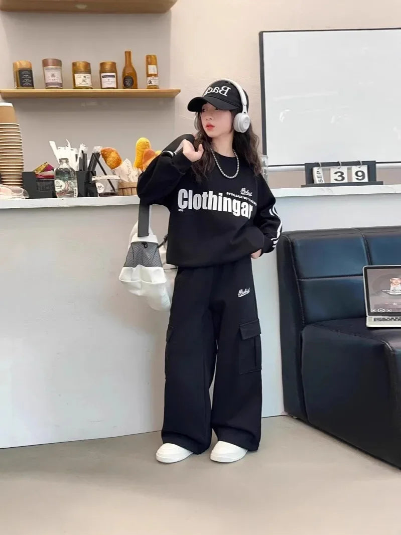 Girls Striped Sweatshirt & Wide Leg Tracksuit