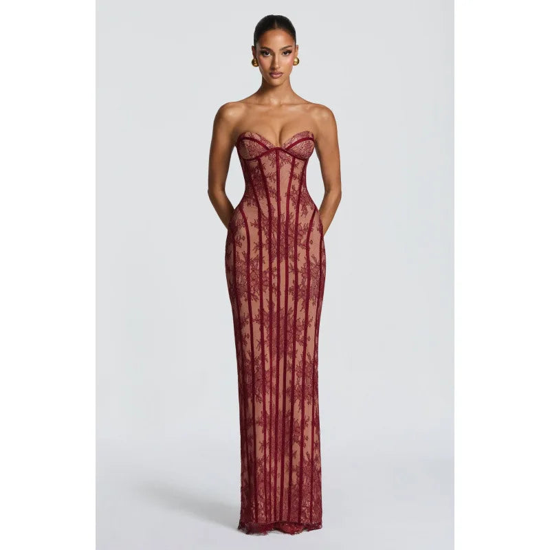 2026 New Womens Elegant Strapless Lace Maxi Dress