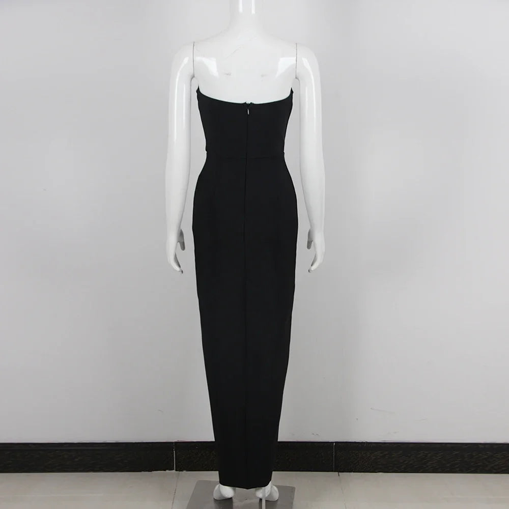 2024 New Summer Black Strapless Long Split  Bandage Dress