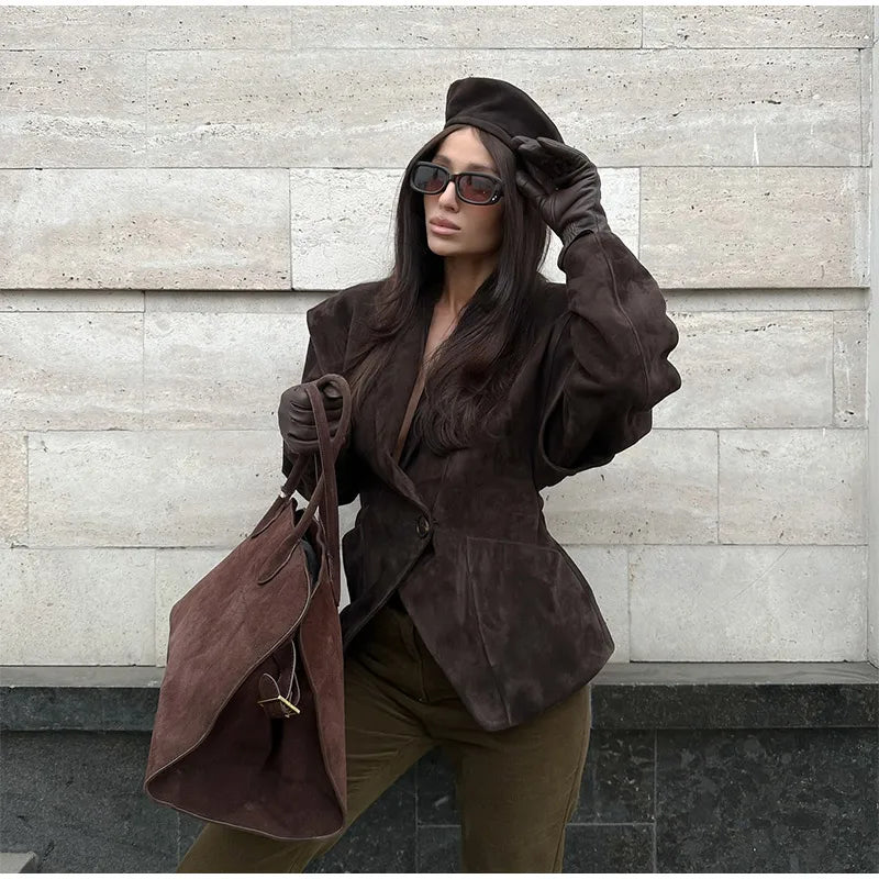 Brown Single Breasted Suede Jacket Women's Fashion