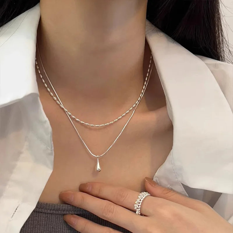 925 Sterling Silver Double Layer Geometric Pendant Necklace