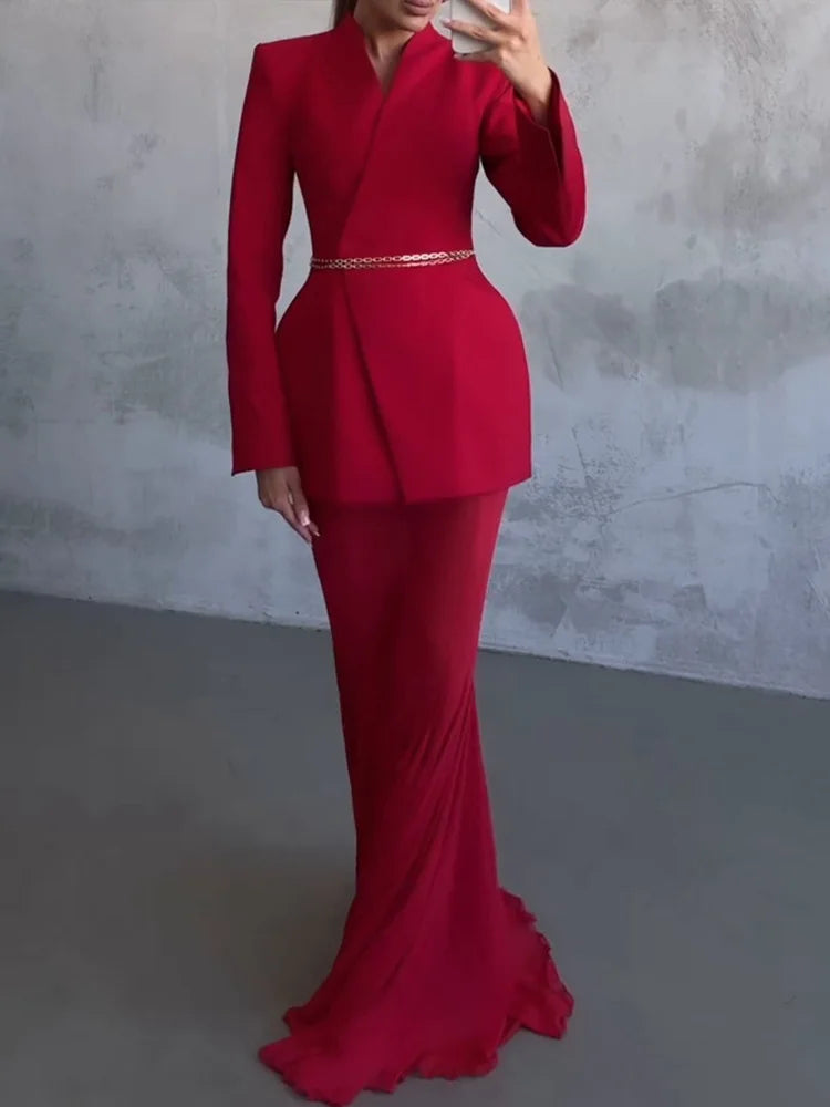 Yitimuceng Elegant Solid Mesh Maxi Skirt 2 Piece Set Women Streetwear V Neck Long Sleeve Coat 2025 New Autumn Winter Skirt Sets