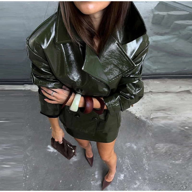 Fashion PU Leather Skirt Sets Women Lapel Long Sleeve