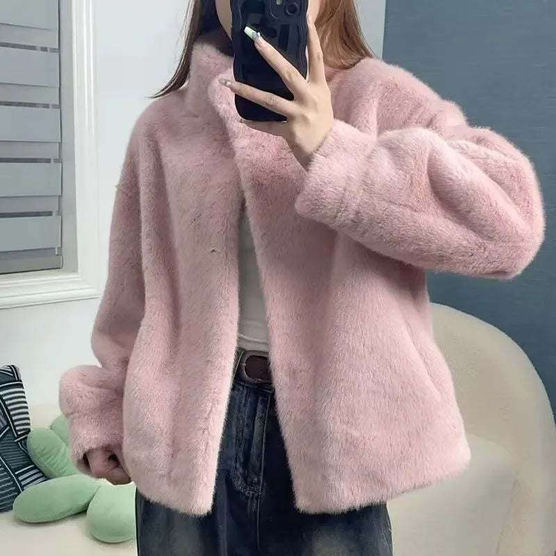 Women Fashion Stand Collar Mink Fur Top Female Long Sleeves