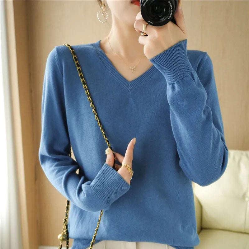 Peach V-Neck Knitted Sweater for Women