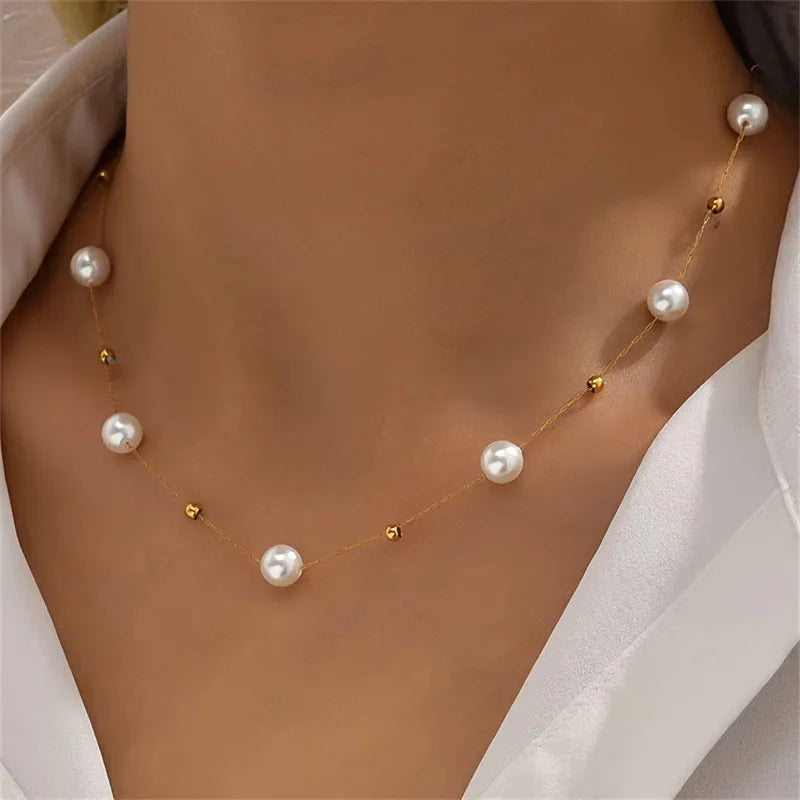 Simple Pearl Beads Gold Necklace