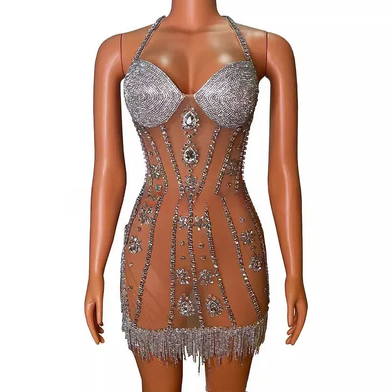 Club Party Luxury Ladies Dress Party Dresses Sexy Glamour Suspender Rhinestone Tassel Translucent Diamond Dress