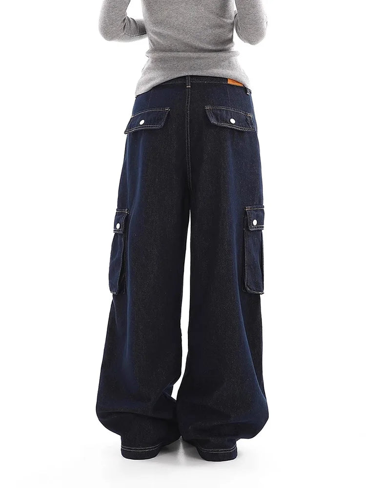 Retro Multi-pocket Jeans Women High Street Trend Denim Cargo Pants Baggy High-waisted Straight Wide-leg Denim Trousers