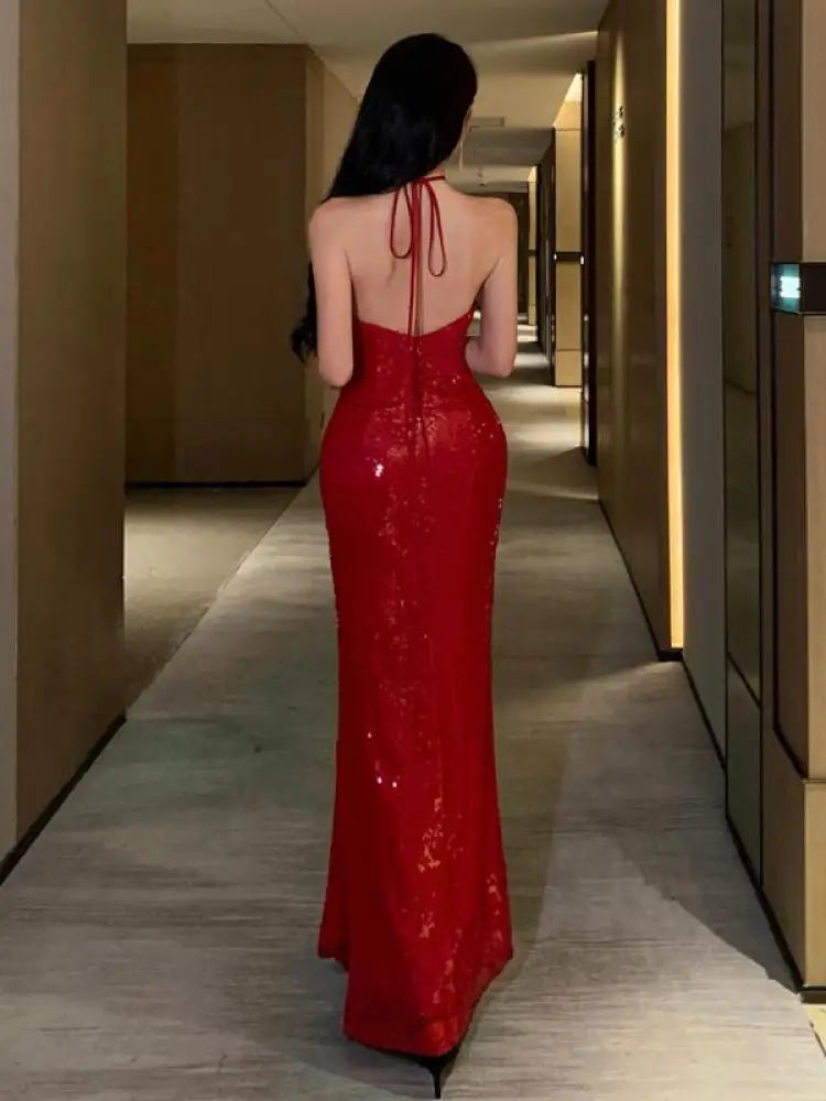 Summer Red Sequined Women's Halter Neck Dresses Fashion Backless Bandage Dress Sexy Party Female Birthday Evening Long Dress New