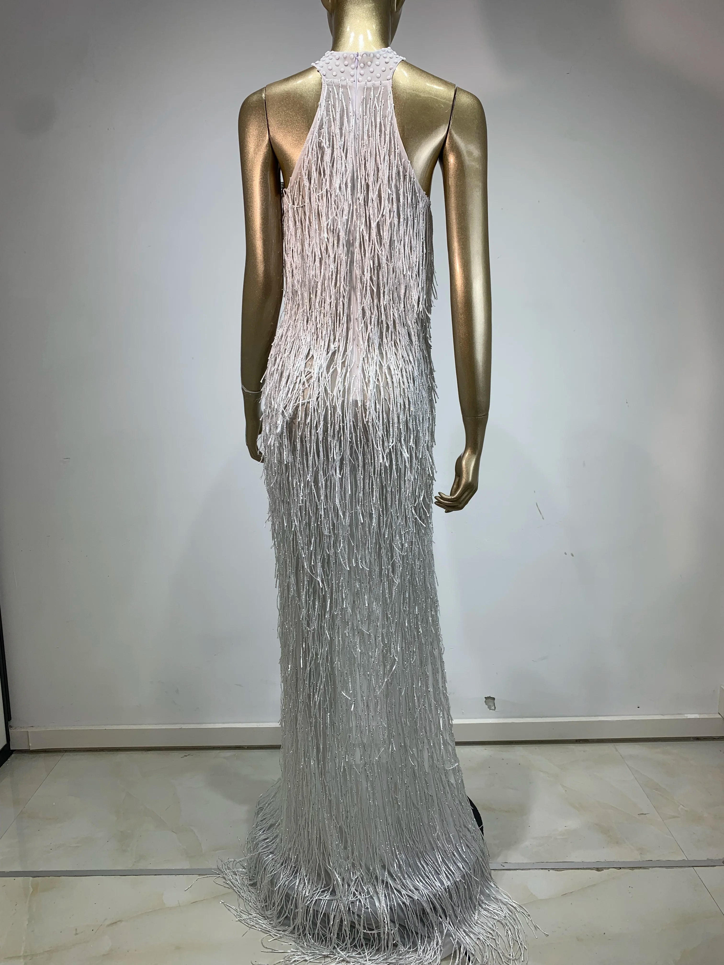 Women Shiny Gold Crystals Tassel Luxury Long Dress Sexy Hollow Out Elegant Prom Gown Evening Club Birthday Party Stage Outfit