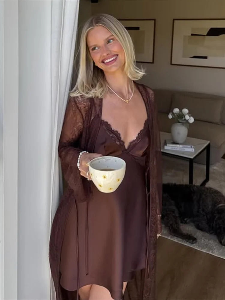 sexy Women's two pieces set dress Suits  Lace Trim V-Neck Dresses Belted Maxi Robe Loungewear Chic  Sexy Beach home Outfit