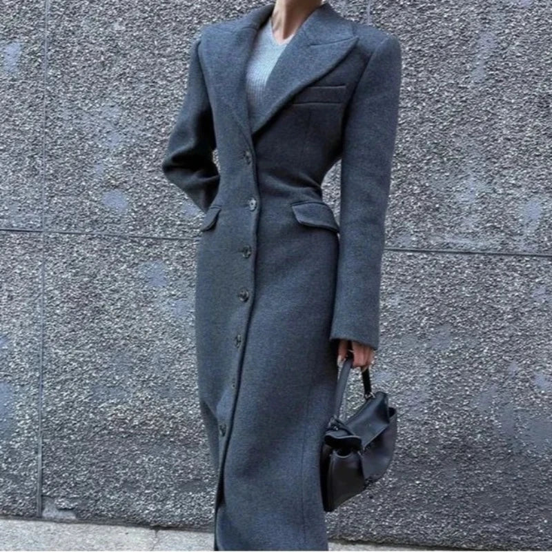 2025 Spring Wool Blazer with Elegant Collar and High Waist - Long Style Wool Coat