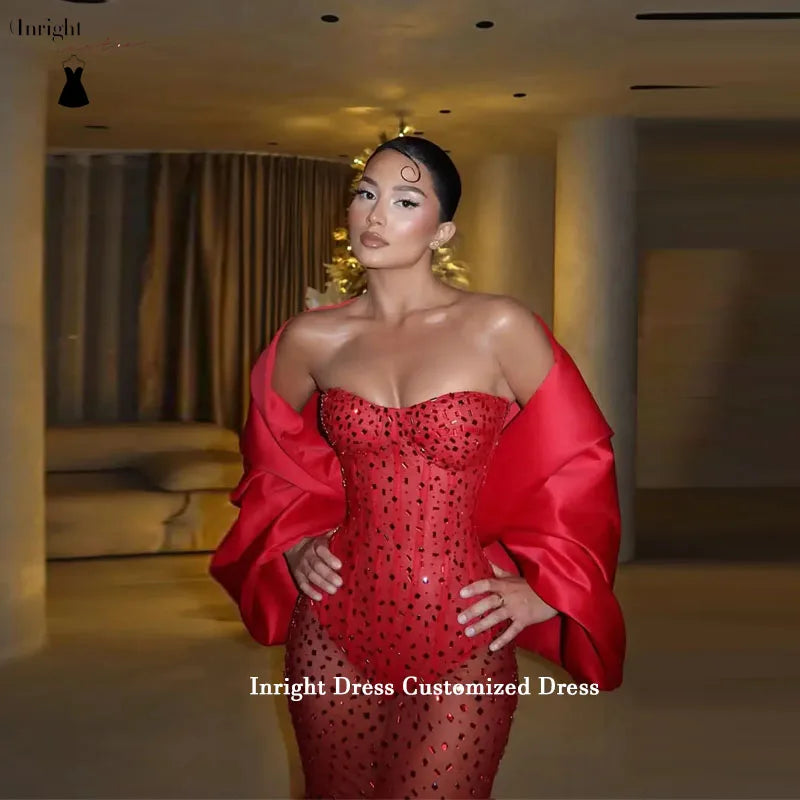 Inright Customized Sexy Red Beading Birthday Dress African Red Carpet Dress