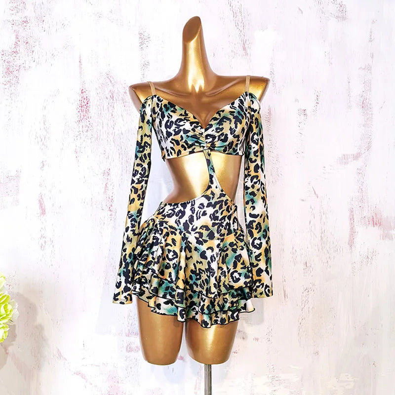 Sexy Leopard Latin Dance Dress For Women Off Shoulder Ruffle Dresses