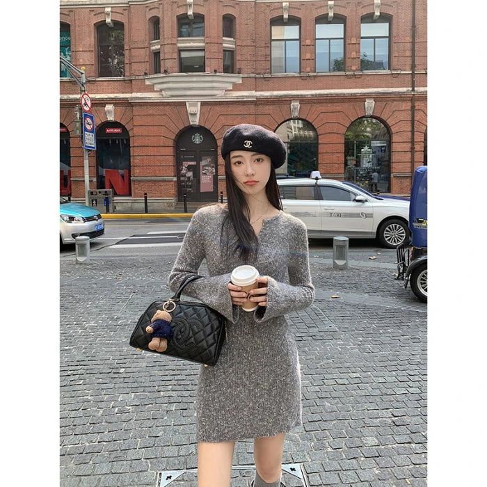 Knitting Sexy Dress for Women Slim Casual Flare Sleeve Gentle Hotsweet Warm Fashion Inner Clothing Autumn Winter Vestidos Soft