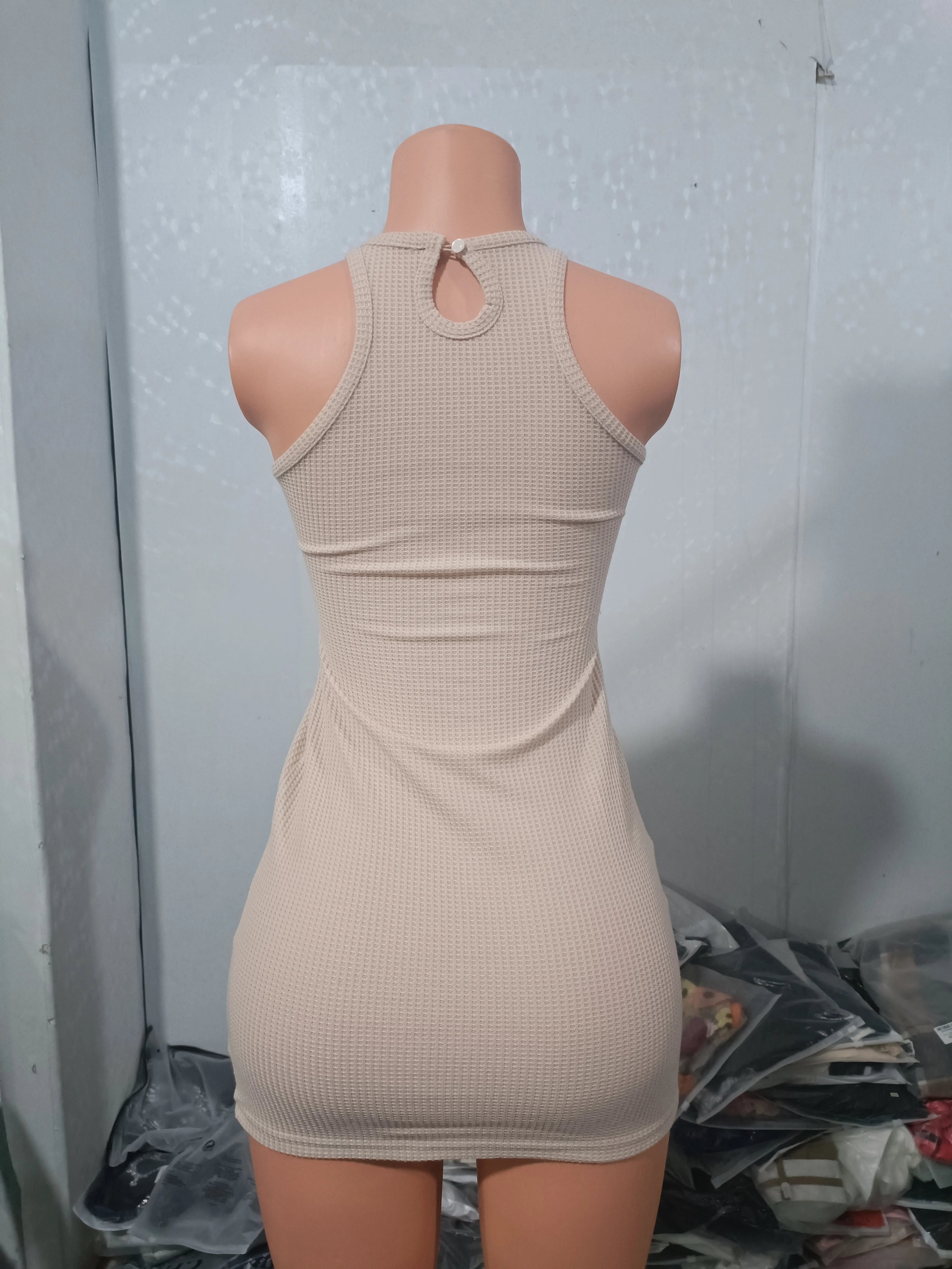 Sexy Dresses for Women 2023 Summer Vestidos Fashion New Sleeveless O-neck Keyhole Back Textured Mini Skinny Solid Color Dress